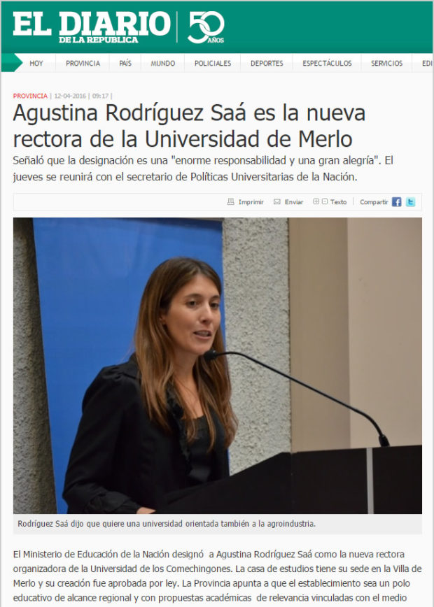 Agustina Rodríguez Saá, mediante un acuerdo político con Macri, es la rectora de la Universidad de los Comechingones. ¿Discriminación?