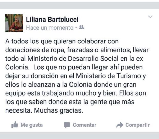 La colaboradora directa de Rodríguez Saá, Liliana Bartolucci, pide donación a través de Facebook.