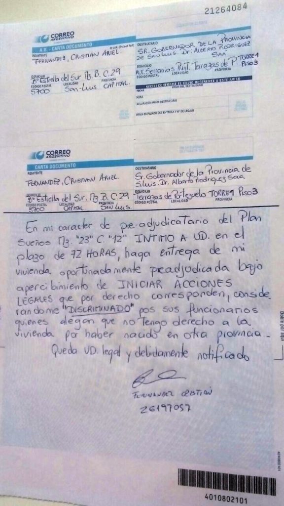 En Terrazas del Portezuelo comenzaron a recibir las Cartas Documento enviadas al Gobernador.