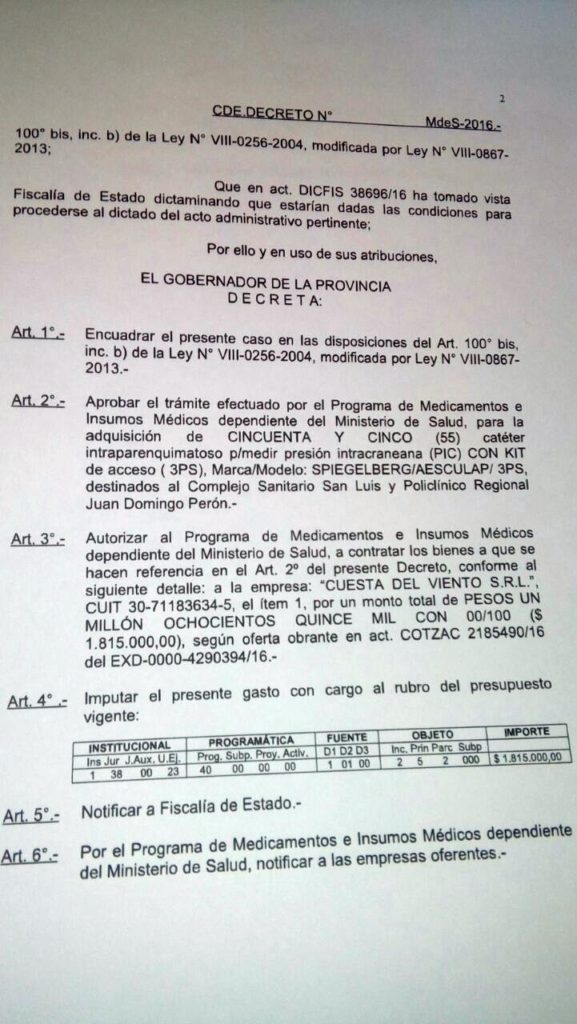 El decreto por el que se autoriza la compra a Cuesta del Viento SRL.
